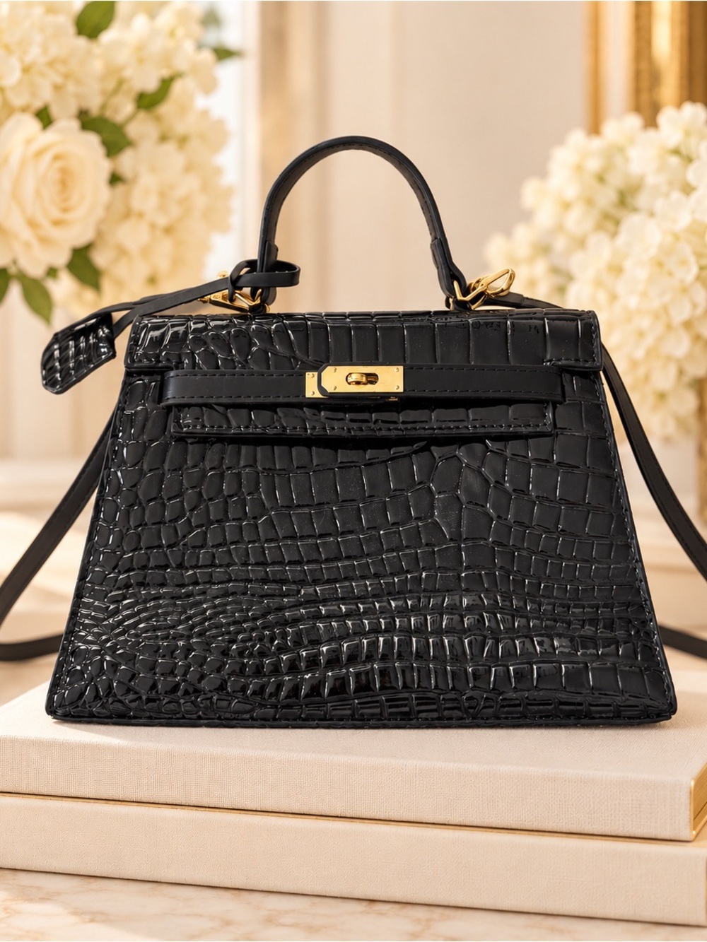 Mini Black Croc-Embossed Faux Leather Top Handle Satchel - Elegant Women's Bag
